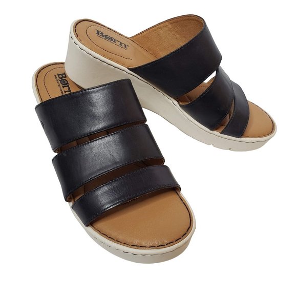 Born Shoes - Born woman's Size 10 Mallorie Wedge Sandals Dark Navy Leather Back Heel 2" Fr 1"